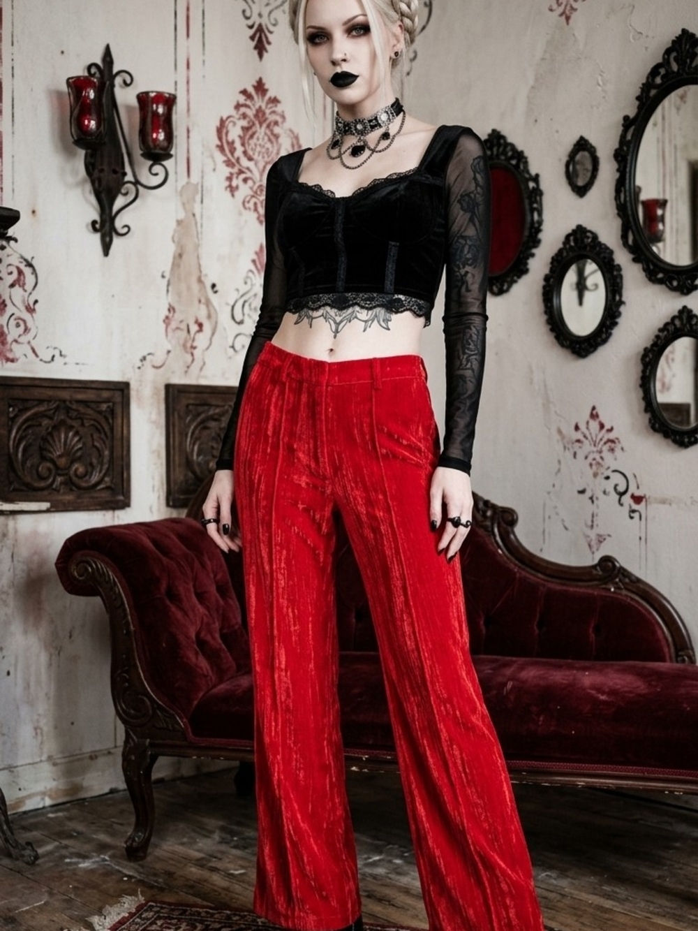 Primark Red Velvet Wide-Leg Pants Size 8